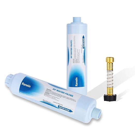Ranein 2 Pack RV Inline Water Filter with Hose Protector, NSF Certified, Reduces Chlorine, Odor, Bad Taste and Sediment in Drinking Water, Ideal for RV's Campers, Travel Trailers and Boats