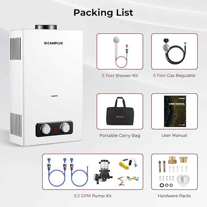 CAMPLUX Portable Propane Water Heater 2.64 GPM, Camping Water Heater with 3.3 GPM Water Pump Kit & Pipe Strainer, 68,000 BTU, BD264P120