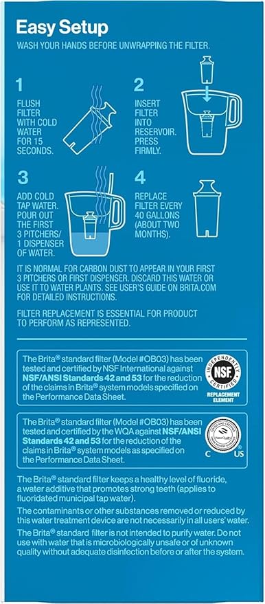 Brita Standard Water Filter for Pitchers and Dispensers, BPA-Free, Reduces Copper, Cadmium and Mercury Impurities, Lasts Two Months or 40 Gallons, Includes 3 Filters for Pitchers