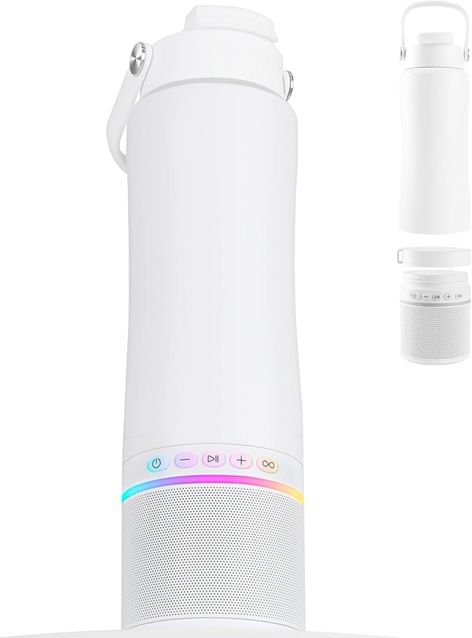 Water Bottle with Portable Bluetooth Speaker - Modular Insulated Water Bottles w/Handle, BT5.3, TWS Pairing Speaker and Stainless Steel Cups for Camping Sports Beach (White)