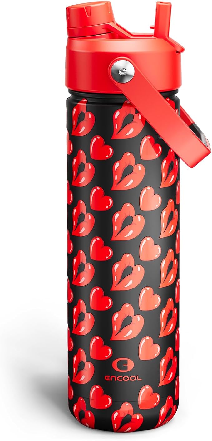 ENCOOL Valentine's Day Insulated Water Bottle with Straw Stainless Steel Water Bottle, Leak-Proof, BPA-Free, Keeps Cold for 24 Hours for Sports, Travel, School (26 oz, Kiss Love Red x Black)