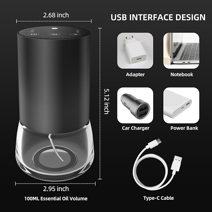 Waterless Essential Oil Diffuser 100ML Large Capacity Battery Powered Diffuser with 7 Colors LED Lights for Large Room Living Room Bedroom Office Aluminum Alloy