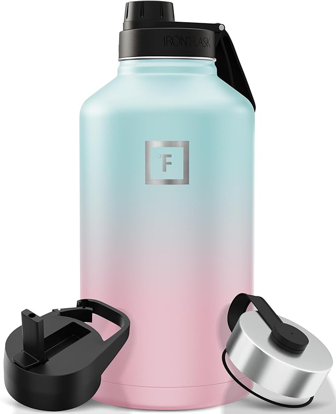 IRON °FLASK Camping & Hiking Hydration Flask with Spout, Wide Mouth Insulated Stainless Steel Sports Water Bottle - 64 oz Bubble Gum