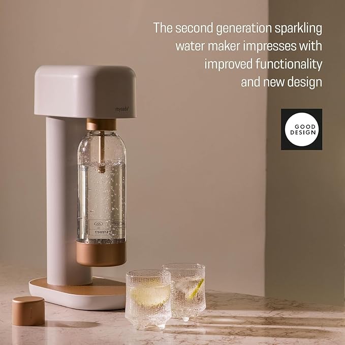 Ruby 2 Sparkling Water Maker - Soda Streaming Machine Silent Carbonated Water Machine Robust Long-Lasting Aluminium Soda Maker 1L Water Bottle Without CO2 Cylinder - White Copper Soda Machine