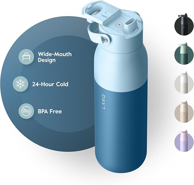 LARQ Bottle Swig Top 34oz - Insulated Reusable Stainless Steel Water Bottle With Built-In Silicone Handle | BPA Free | For Sports, Gym, and Travel | Amalfi Blue