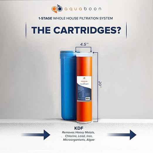 Aquaboon Whole House Water Filter System for Well Water with 20x4.5 KDF Heavy Metals Purification Cartrige | NSF Certified, Pressure Gauges & Releas, Wrench, Bracket 1" NPT