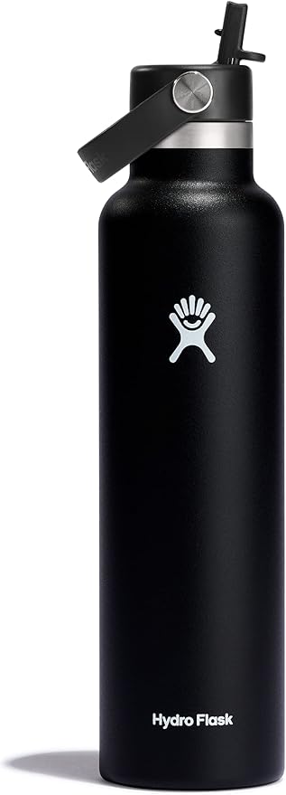 Hydro Flask Water Bottle - Insulated Stainless Steel - Straw Lid, Non Spill, Leakproof 24 Oz Black