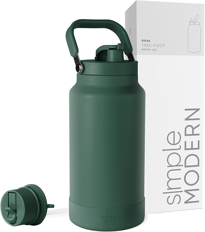 Simple Modern Trek Pivot | Half Gallon Water Bottle Jug with Handle & Boot | Interchangeable Straw & Chug Lids | Large Insulated Stainless Steel | Sports Camping Outdoors | 64oz, Forest