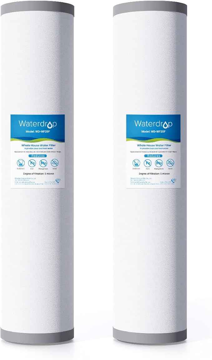 Waterdrop Whole House Water Filter, Carbon Filter, Reduce Iron & Manganese Filter Cartridge, Replacement for, Any 20" x 4.5" System, 5 Micron, 2 Pack