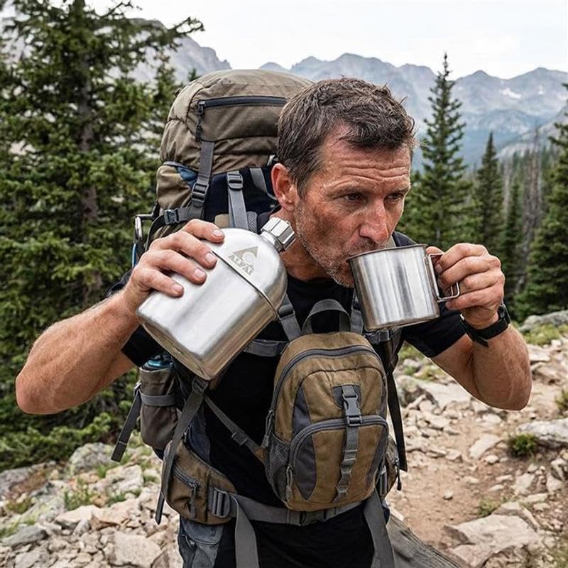 Military Stainless Steel Canteen & Kidney Style Cup for Hiking