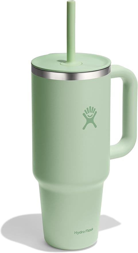 Hydro Flask Travel Tumbler with Handle, Lid and Straw - Insulated Stainless Steel in 40 Oz Aloe Green