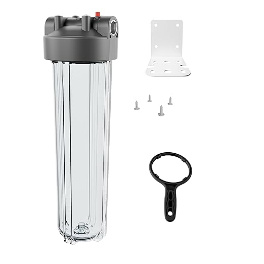20" x 4.5" Whole House Water Filter Housing – 1" NPT Stainless Steel Ports, Heavy Duty Clear Filter Sump – Double O-Ring Leak-Proof with Pressure Release Valve – Fits All 20x4.5 Filters