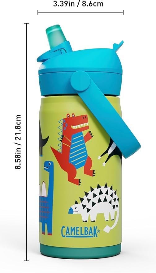CamelBak Thrive Flip Straw Kids Bite Valve Stainless Steel Water Bottle Dino Jam, 12oz