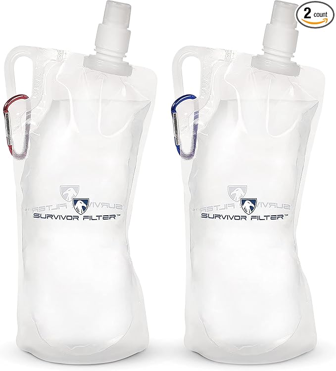 Survivor Filter Clear Collapsible Water Bottles - Travel, Hiking, Foldable, BPA-Free - 2 x