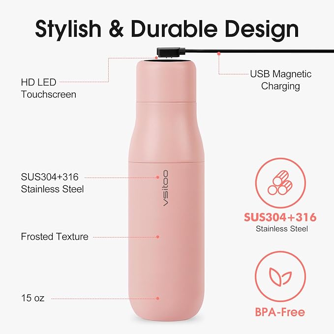 Vsitoo Self Cleaning Water Bottle - 15oz Stainless Steel, AI Self-Clean, 30-Day Battery, Magnetic Charging, BPA-Free for Travel/Gym/Office, No App Needed