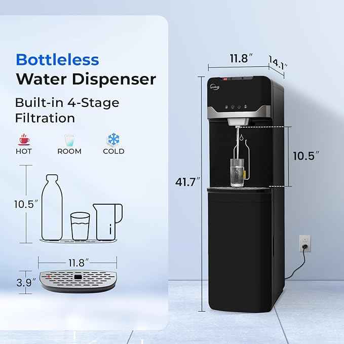 iSpring Bottleless Water Dispenser with 4-Stage Filtration, SGS-Tested 99% of PFAS Removal, Water Cooler Dispenser - Hot, Cold, Room Temp, Self Cleaning, Black, Model: DS4B-PF