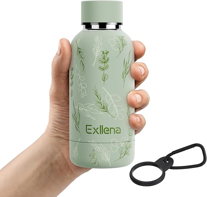 Exllena Small Water Bottle 12oz with Clip, Double Wall Stainless Steel Vacuum Small Insulated Water Bottle Keeps Drinks Cold 24 Hrs/Hot 12 Hrs for Kids Handbag School BPA Free (Floral)