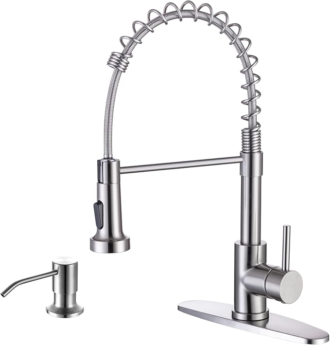 WEWE Kitchen Sink Faucet with Soap Dispenser, Kitchen Faucet with Pull Down Sprayer Stainless Steel Single Handle High Arc Pull Out Brushed Nickel Faucet for Bar Laundry RV Utility Sink
