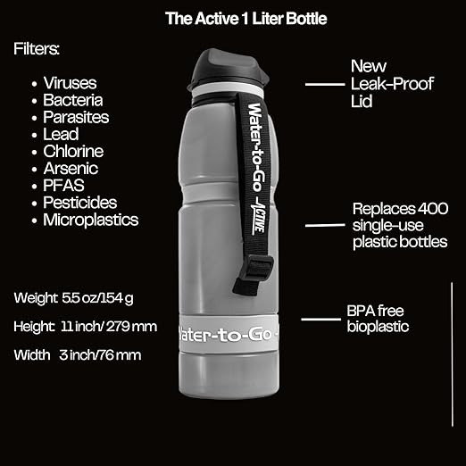 Water-to-Go Water Filter Bottle for International Travel -One Liter Filtered Water Bottle for Portable Purification - Eco-Friendly Bioplastic, New Leak-Proof Lid, Filters Viruses