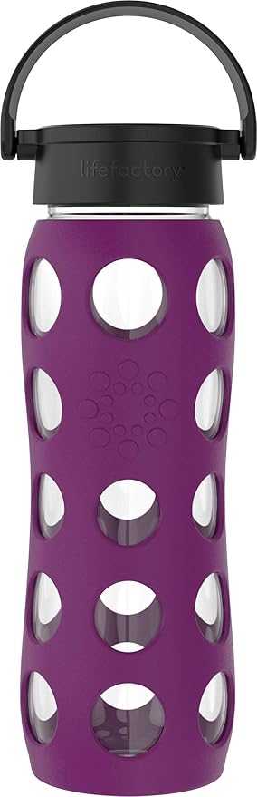 Lifefactory 22-Ounce BPA-Free Glass Water Bottle with Classic Cap and Protective Silicone Sleeve, Plum
