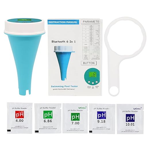 6-in-1 Wireless Water Quality Tester Bluetooth Floating Water Quality Monitor for Pools, Spas, and Hydroponics - pH, EC, ORP, Chlorine, Salinity, and Temperature Measurement