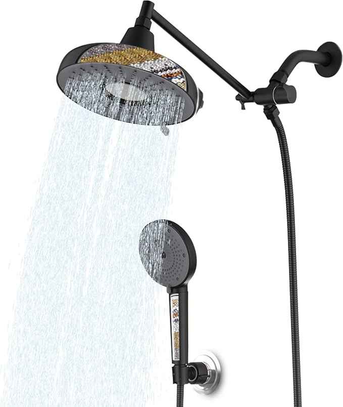 Dual Filtered Shower Head, 8 Inch 3 Spray Mode High Pressure Rainfall Showerhead with Handheld Combo, 10 Inch Adjustable Extension Arm and 60" Hose, Shower Head Filter for Hard Water, Black