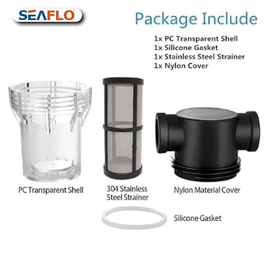 SEAFLO 1/2" Female NPT in-Line Strainer with 100 Mesh Stainless Steel Filter Screen – Clear Bowl for Easy Cleaning | Model SF-ST-12 (1-Pack)