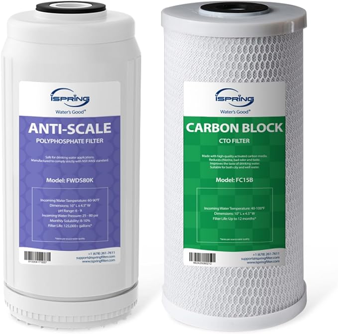 iSpring F2WGB21BDS Whole House 4.5"x10" Water Filtration CTO Carbon Block and Anti-Scale Polyfilter Water Filter Replacement Cartridge Pack Set for WGB21B-DS