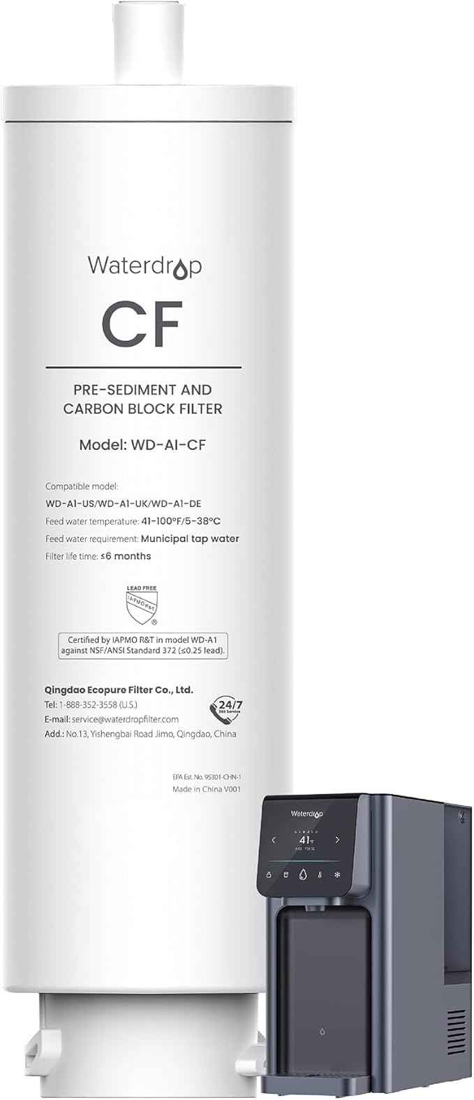 Waterdrop 𝐖𝐃-𝐀𝟏-𝐂𝐅 Filter, Replacement for 𝐖𝐃-𝐀𝟏 Countertop Reverse Osmosis Hot and Cold water Dispenser, 6-month Lifetime