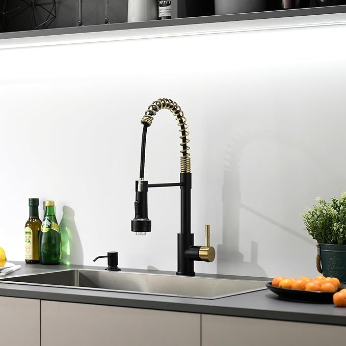 GIMILI Black and Gold Kitchen Faucet with Soap Dispenser Single Hole Pull Down Sprayer LED Faucet, Suitable for Farmhouses, RV, Laundry Room, Outdoor, and Campers. Llave para fregadero de cocina