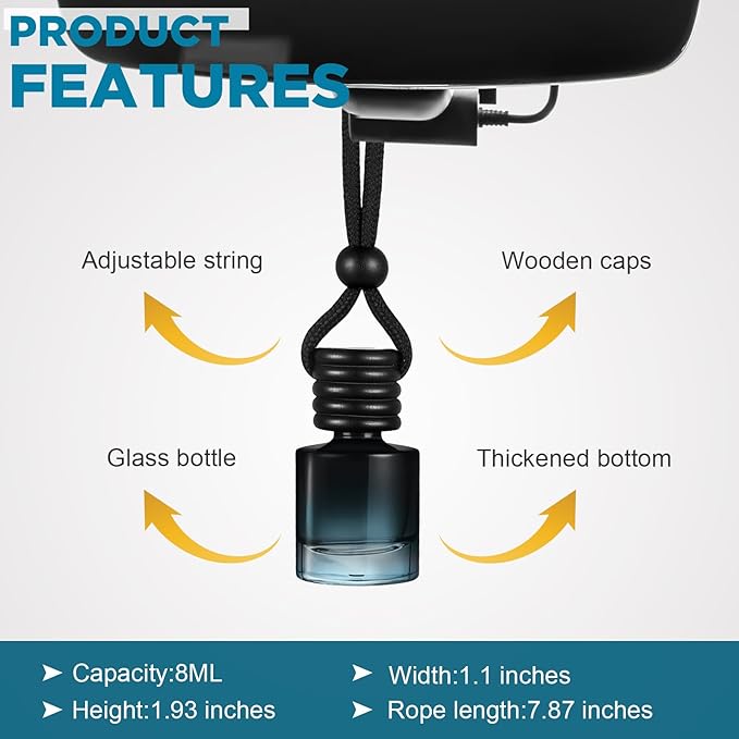 Domensi 70 Pieces Hanging Car Diffuser Air Freshener Bottle Bulk Empty Glass Refillable Perfume Bottles Oil Diffuser Aromatherapy Pendant for Auto Interior Ornaments Decor (Black)
