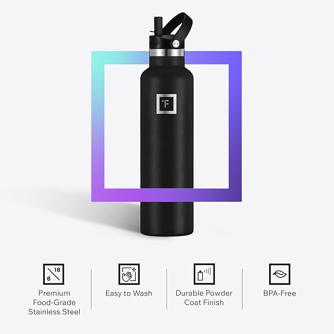 IRON °FLASK Camping & Hiking Hydration Flask with Straw, Narrow Mouth Insulated Stainless Steel Sports Water Bottle - Dark Pine 24 oz - Straw (1 Lid)