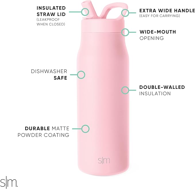 Simple Modern Water Bottle with Straw lid | Insulated Stainless Steel Thermos | Reusable Travel Water Bottles for Gym & Sports | Leak Proof & BPA Free | 34oz, Blush