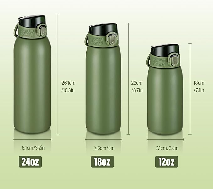 Insulated Water Bottle 12 oz with Dustproof Lid, Carry Handle & Tea Infuser, BPA-Free & Leakproof, Stainless Steel Water Bottles Ideal for Fitness, Hiking, Office & Outdoor Use （Olive Green ）