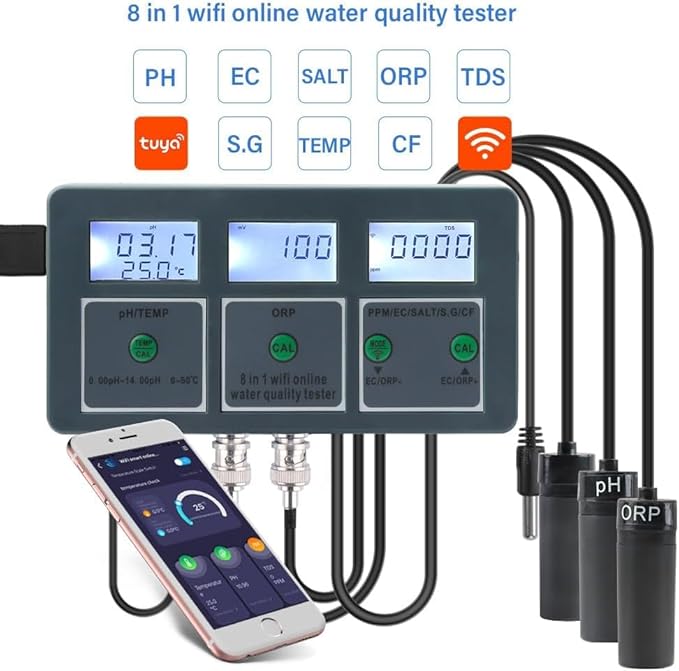 Water Quality Tester Monitor 8 in 1 WiFi Smart PH Meter Data Logger Temp TDS Salinity S.G. EC ORP Analyzer for Aquariums Pool Hydroponics, Apply in Water Sources, Aquarium, Hydroponics