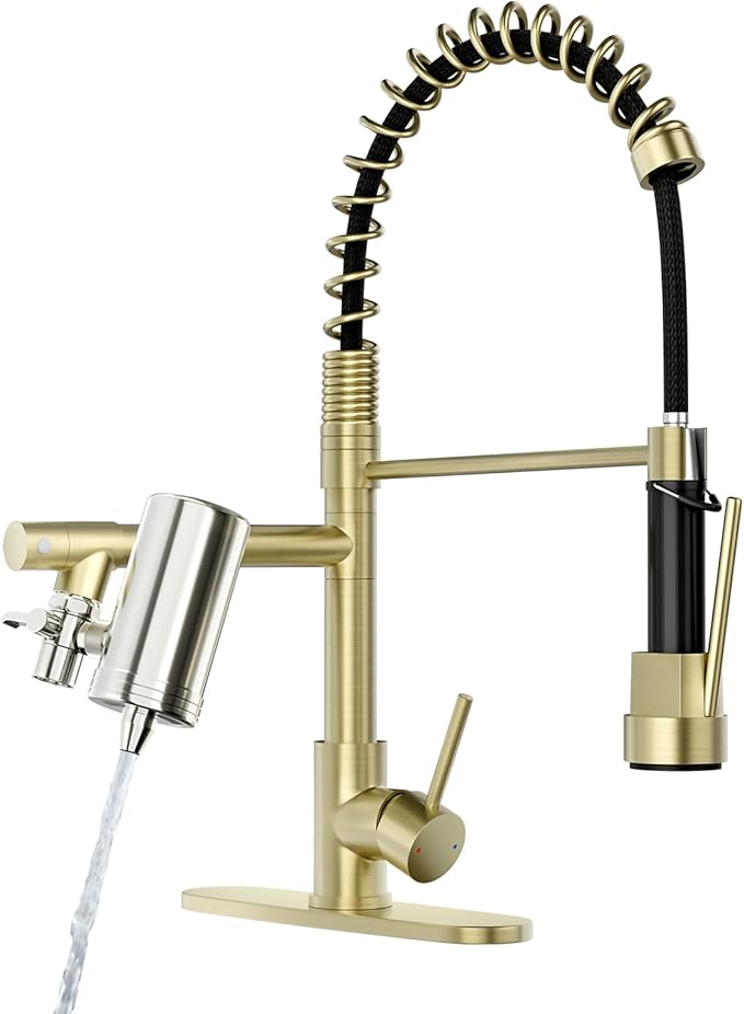 AIMADI Gold Kitchen Faucet with Water Filter and Deck Plate, Commercial Spring Brushed Gold Pull Down Kitchen Sink Faucet for Drinking Water, Farmhouse, RV, Utility or Laundry Sink