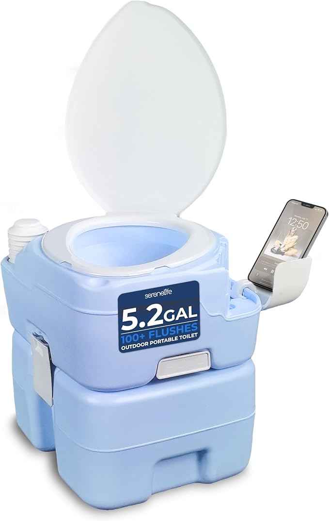 SereneLife 5.3 Gal Portable Camping Toilet For Adults, 100+ Flushes Porta Potty Camp Toilet with Phone Holder, Hand Sprayer, Extra Large Seat, Detachable Waste Tank, For Camping, Hiking, and Boating