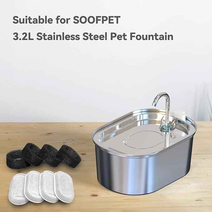 SOOFPET Stainless Steel Cat Water Fountain Filters: 8 Pack Filters (Carbon Filters + Sponge Filters) - Replacement Filters for 108oz cat Fountain
