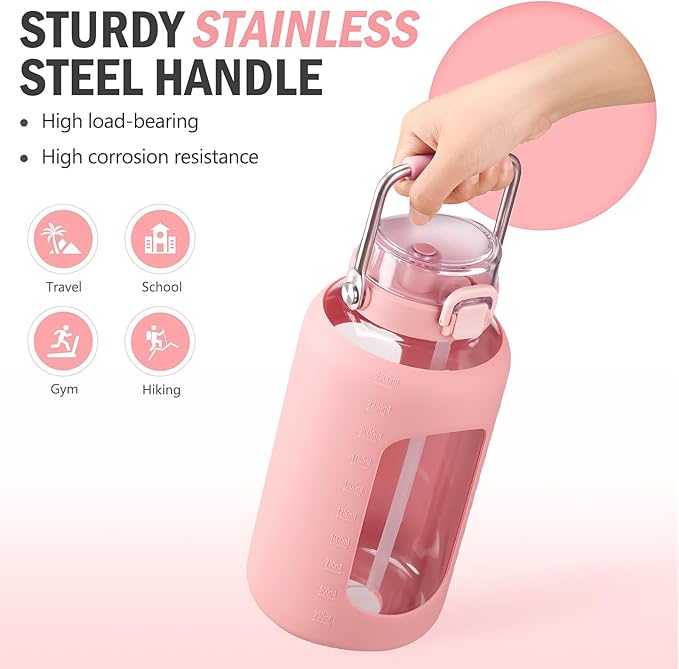 BLUEGO 84oz Water Bottle Glass with Stainless Steel Handle Large 2.5l Water Bottle with Time Markers and Silicone Sleeve Half Gallon Water Jug BPA Free for Gym Daily Use, Pink