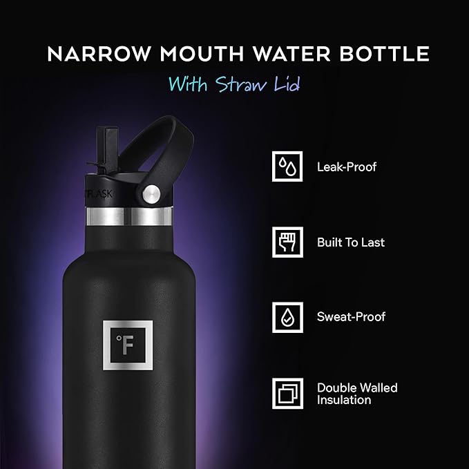 IRON °FLASK Camping & Hiking Hydration Flask with Straw, Narrow Mouth Insulated Stainless Steel Sports Water Bottle - Pink Tulip 24 oz - Straw (1 Lid)