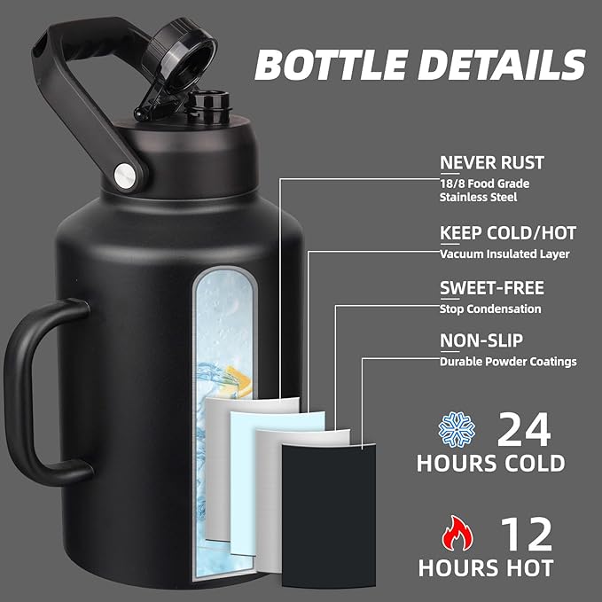 BJPKPK 1 Gallon Water Bottle with Handle, Large Dishwasher Safe 128oz Insulated Water Bottle, BPA Free Water Jug, Wide Mouth Metal Flasks with Anti-slip Bottom, Keep Cold & Hot,Black