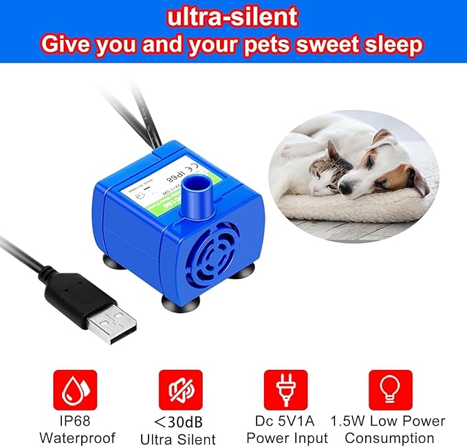 Cat Water Fountain Pump, Pet Water Fountain Pump Compatible Motor, DR-DC160 for Cat Drinking Fountain Cat Water Dispenser Replacement (with LED & Brush)