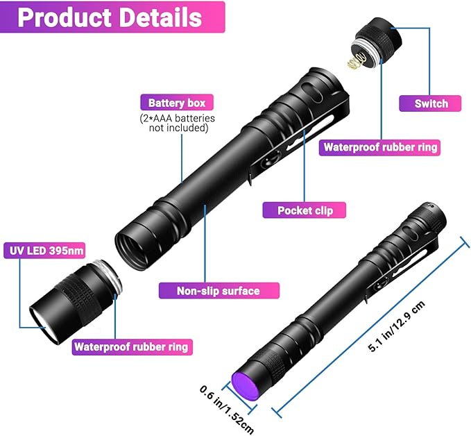 UV Black Light Flashlight Mini, 395nm Pen Light with Clip, Ultraviolet Blacklight for Pet Urine Detection, Waterproof Detector Light for Dry Stains, Bed Bug, Scorpion, Hotel Inspection