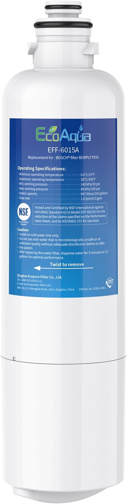 EcoAqua 11032531 Replacement for Bosch® Ultra Clarity® Pro BORPLFTR50, 12033030, 11025825, BORPLFTR55, B36CD50SNS, B36CT80SNS, B36CL80ENS, B36FD50SNS, WFC100MF, Refrigerator Water Filter, 1 Filter - AquaVibe