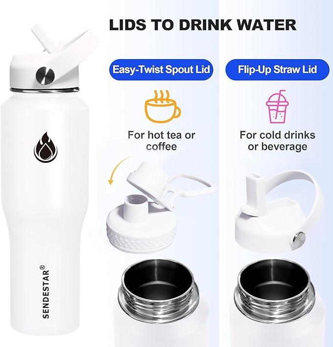 SENDESTAR Water Bottle,Wide Mouth Stainless Steel Vacuum Insulated Double Wall Keep Liquids Cold or Hot All Day,Sweat Proof Sport Design,Fit Car Cup Holder,White,32 Ounces