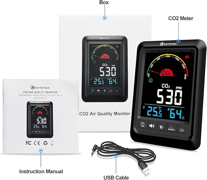 CO2 Monitor Indoor Air Quality Meters with CO2 Alarm, Temperature, Humidity Display for Home, Office or School