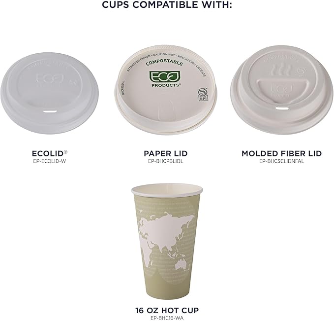 ECO PRODUCTS Compostable Disposable World Art 16oz Large Coffee Cups, Pack of 50, Renewable Hot Paper Cup, Plant Based PLA Lining, Color Coded
