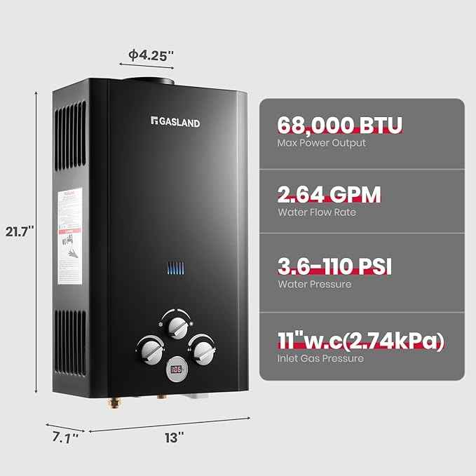 GASLAND 2.64GPM Propane Tankless Water Heater Outdoor 10L - Portable Camping Hot Water Heater, Overheating Protection, Easy to Install - Use for RV, Cabin, Barn, Camping, Boat (Black)