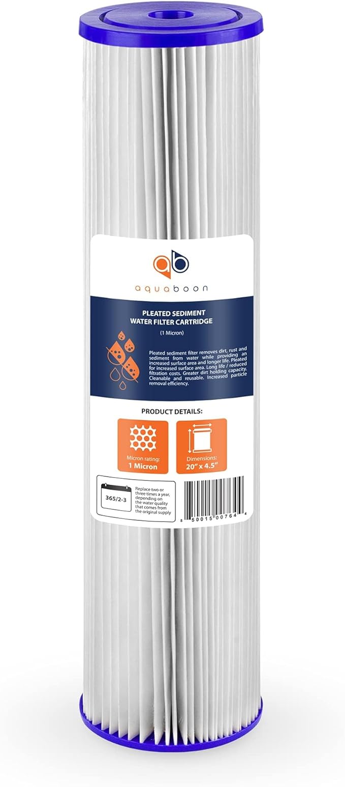 Aquaboon 1 Micron Whole House Pleated Sediment Water Filter Cartridge 20x4.5 Well Filter Replacement Compatible with ECP5-20BB, SPC-45-1005, 4 Pack
