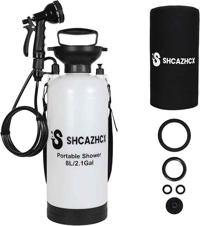 2.1 Gallon/8L Portable Water Shower, No Power Needed, Nylon Insulated Sleeve, 10 Spray Modes, Pressurized Portable Shower Sprayer for Camping, Hiking, Beach, Surfing & Outdoor Use, White